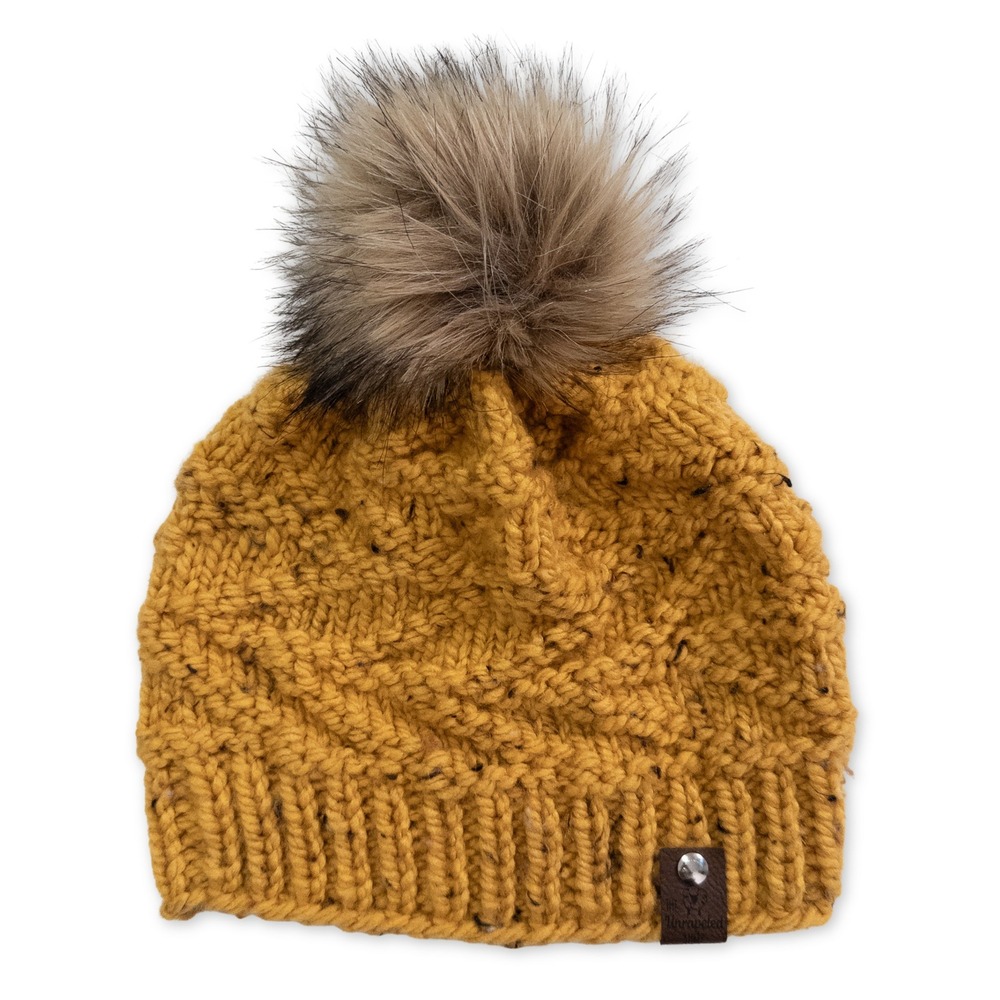 The Unraveled Sheep Beanie Hat Womens Yellow Winter Faux Fur Pom Pom Cable Knit